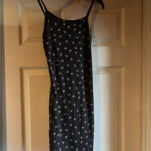 Black Floral Midi Slip Dress with Thin Straps